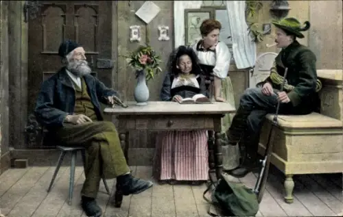 Künstler Ak Familie und Jäger im Raum