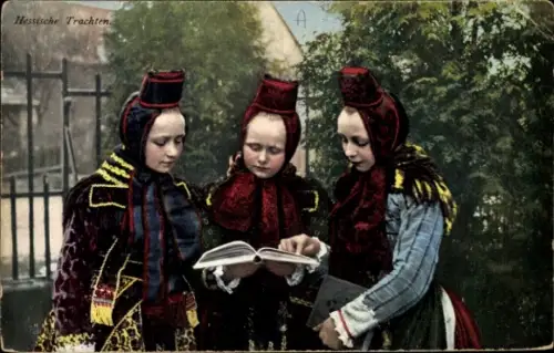 Ak drei hessische Mädchen in Tracht