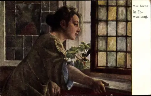 Künstler Ak Max Arenz, In Erwartung, Frau am Fenster