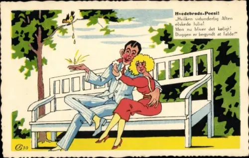 Künstler Ak Fischgrätenpoesie, Pärchen auf Bank