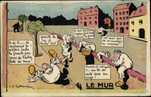 Künstler Ak Französische Soldaten, Kaserne, Sprung über Mauer, Übungen