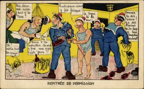 Künstler Ak Rückkehr aus de Urlaub, französische Seemänner