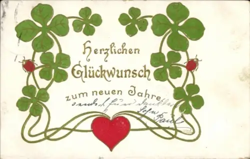 Präge Ak Glückwunsch Neujahr, Kleeblatt, Herz
