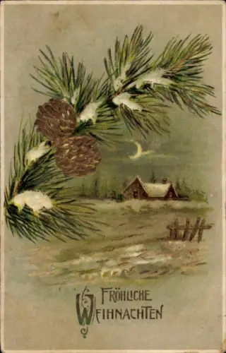 Präge Ak Frohe Weihnachten, Dorfidyll, Tannenzweig