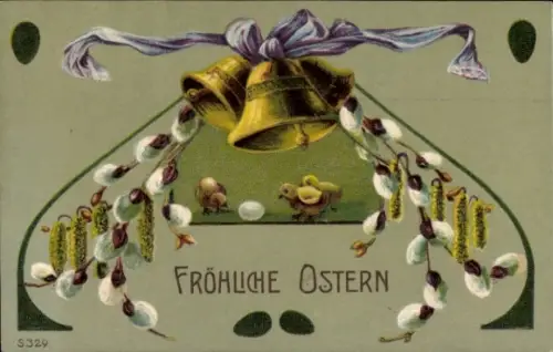 Präge Ak Frohe Ostern, Glocken, Weidenkätzchen, Küken