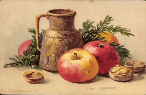 Künstler Ak Klein, Catharina, Reife Äpfel, Walnüsse, Krug