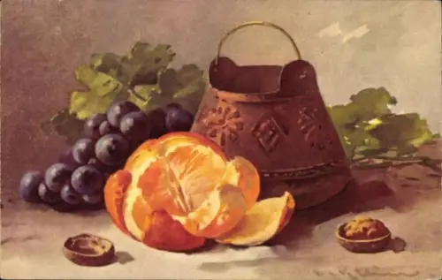 Künstler Ak Klein, Catharina, Weintrauben, Mandarine, Walnuss, Gefäß, Stillleben