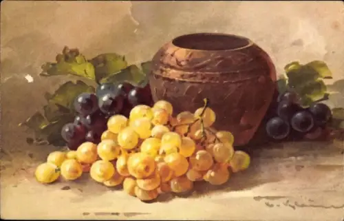 Künstler Ak Klein, Catharina, Weintrauben, Gefäß, Stillleben