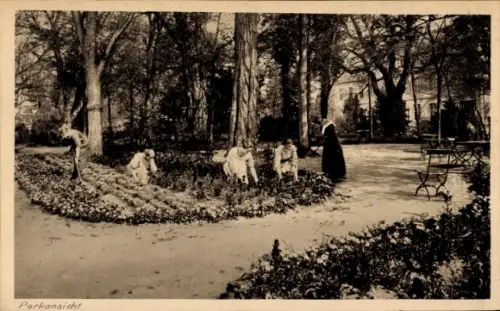 Ak Vallendar am Rhein, Parkansicht, Menschen im Garten, Blumenbeete, Bäume, Stühle