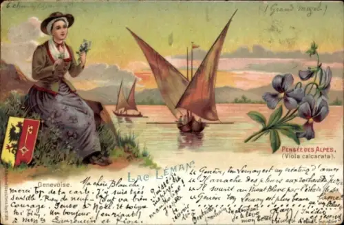 Litho Lac Leman, Frau in Tracht, Segelboote, Viola calcarata