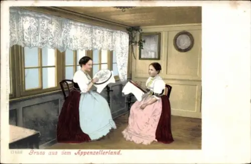 Ak Gruß aus dem Appenzellerland, Frauen in Tracht beim Sticken