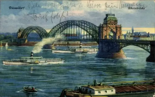 Ak Düsseldorf am Rhein, Rheinbrücke, Schiffe auf dem Wasser