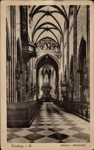 Ak Freiburg im Breisgau,  Münster, Mittelschiff, gotische Architektur