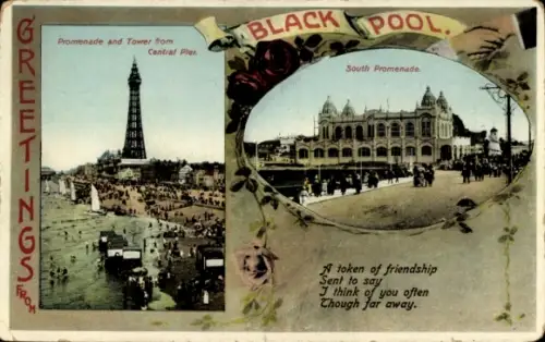 Ak Blackpool Lancashire England, Schwarzer Pool, Promenade, Turm, Strand, Menschen, Grüße