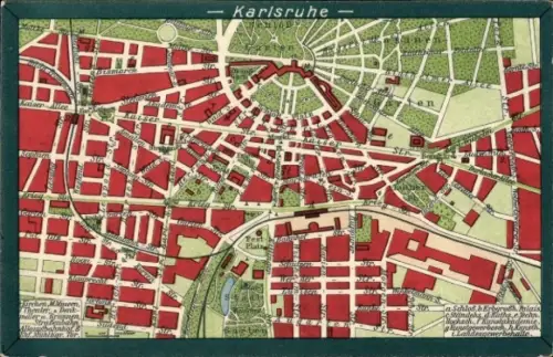 Ak Karlsruhe in Baden, Karte von  rote Gebäude, Straßenbahn, Theater, Denkmal