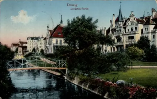 Ak Gdańsk Danzig,  Irrgarten-Partie, Brücke, Bäume, Villen