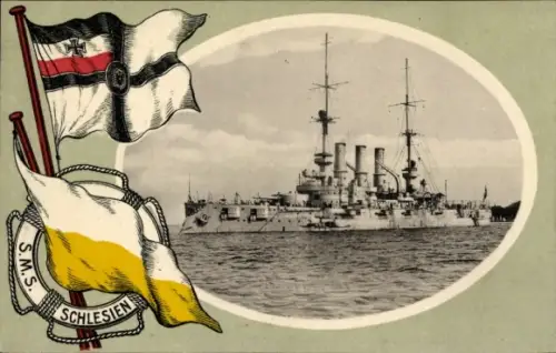 Passepartout Ak Deutsches Kriegsschiff, SMS Schlesien, Kaiserliche Marine, Fahnen