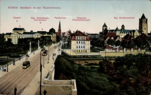 Ak Poznań Posen, Stadtbild an der Theaterbrücke, Theater, Paulikirche, Kgl. Residenzschloß