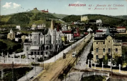 Ak Vallvidrera Barcelona Katalonien Spanien,  von  Avenida del Tibidabo, farbenfrohe Chalets, Str