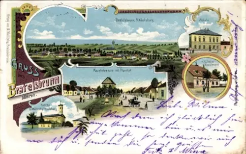 Litho Březí u Mikulova Bratelsbrunn Südmähren, Panorama, Schule, Hauptstraße, Pfarrhof, Kirche