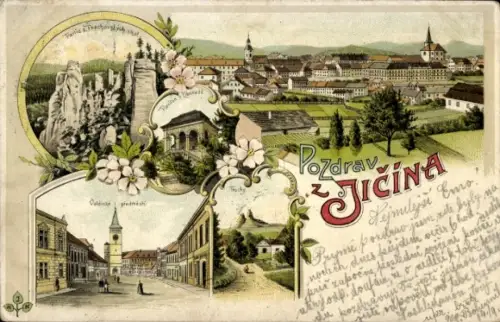 Litho Jičín Jitschin Region Königgrätz, Gesamtansicht, Felsen, Platz mit Kirche