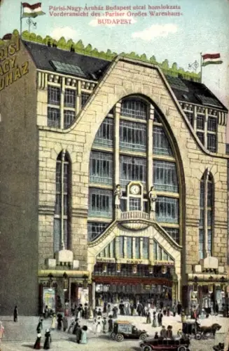 Ak Budapest Ungarn, Vorderansicht des Párisi-Nagy Áruház,  Menschen, Autos