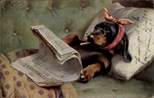 Künstler Ak Reichert, Carl, Der eingebildete Kranke, vermenschlichter Dackel, Zeitung, Zigarette