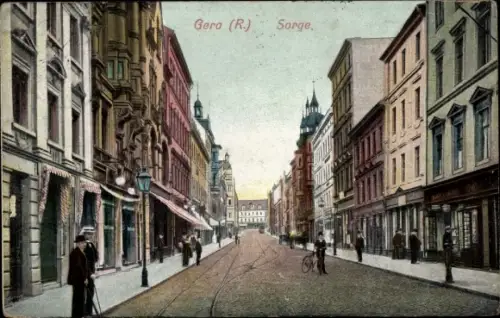 Ak Gera in Thüringen, Sorge, Straßenpartie, Gleise, Mann mit Fahrrad