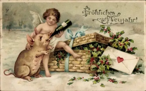 Präge Ak Glückwunsch Neujahr, Engel, Sekt, Schwein, Stechpalme