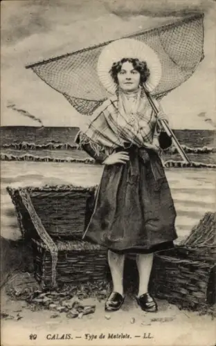 Ak Calais Pas de Calais, Frau in Tracht, Fischernetz
