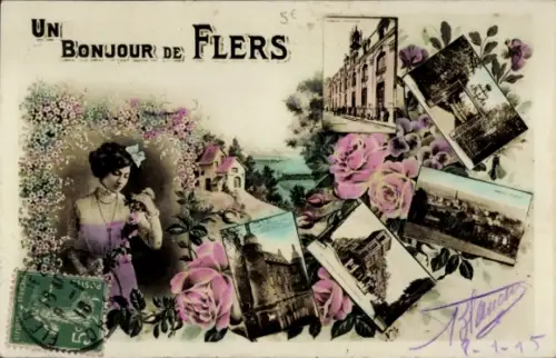 Ak Flers Orne, Gesamtansicht, Frau, Blumen, Rosen