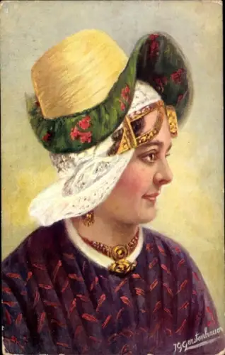 Künstler Ak Gerstenhauer, Johann, Georg, Niederländerin in Tracht, Hut