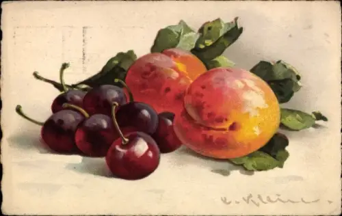 Künstler Ak Klein, Catharina, Pfirsiche, Kirschen