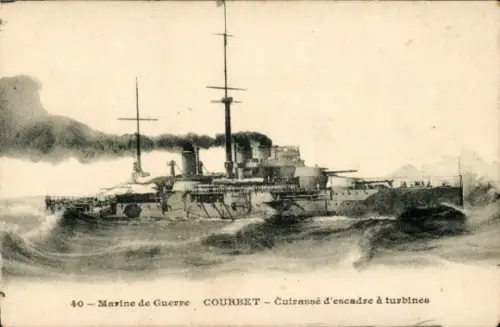 Ak Französisches Kriegsschiff, Courbet, Cuirassé d'Escadre à Tourbines, Marine de Guerre