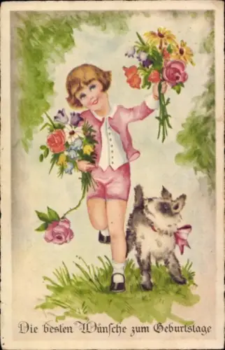 Ak Glückwunsch Geburtstag, Mädchen, Blumen, Hund