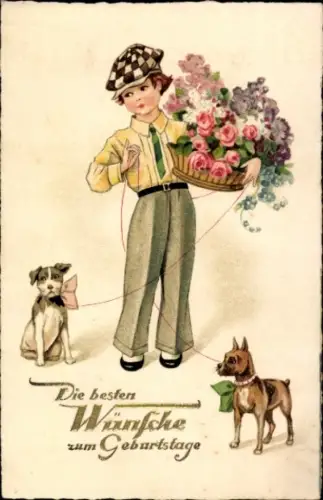 Ak Glückwunsch Geburtstag, Junge, Blumenkorb, Hunde