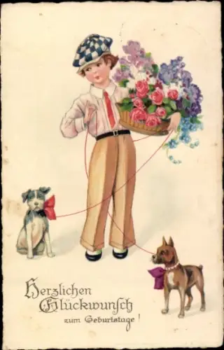 Ak Glückwunsch Geburtstag, Junge, Blumenkorb, Hunde