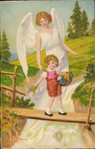 Ak Schutzengel, Junge mit Blumenkorb, Brücke