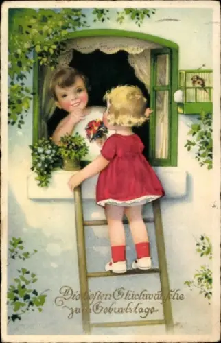 Ak Glückwunsch Geburtstag, Gratulant am Fenster, Blumen