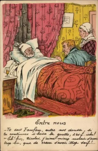 Künstler Ak Gaillard, Alter Mann im Bett, Familie