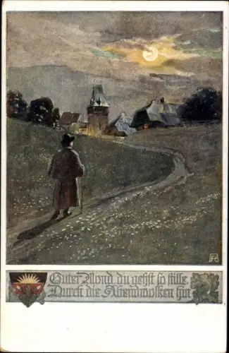 Künstler Ak Perchtoldsdorf in Niederösterreich, Dorfansicht, Guter Mond du gehst so stille