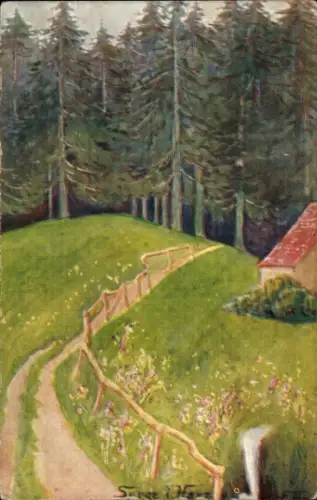 Künstler Ak Wald, Straße, Wiese, Wohnhaus