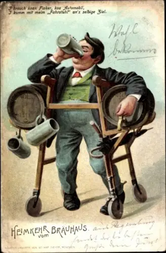 Ak Heimkehr vom Bräuhaus, Dicker Mann trinkt Bier, Rollator, Zieher