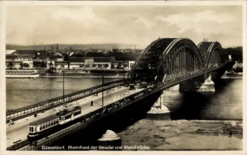 Ak Düsseldorf am Rhein, Große Ausstellung GeSoLei 1926,  Rheinfront, Rheinbrücke, Straßenbahn, Wa