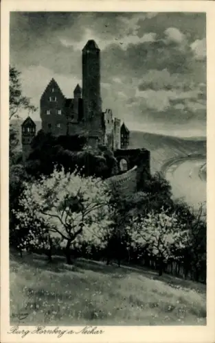Ak Hornberg im Schwarzwald, Burg  Flusslandschaft, blühende Bäume