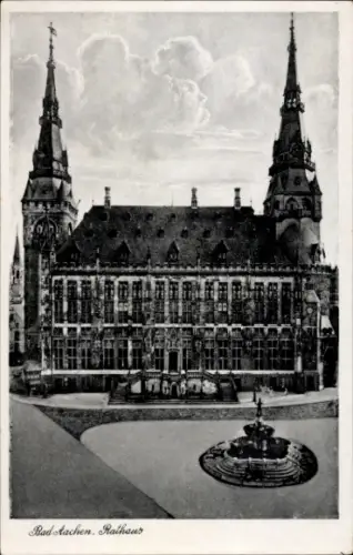 Ak Aachen, Zeichnung des Rathauses von  Brunnen im Vordergrund