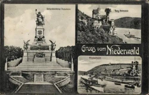 Ak Rüdesheim am Rhein, Matiundidenkmal  Burg Rheinstein, Gruss vom Niederwald