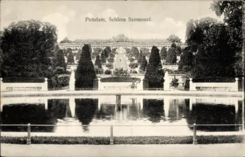 Ak Potsdam Sanssouci, Schloss Sanssouci, Gartenanlage, Teich, Bäume, Potsdam