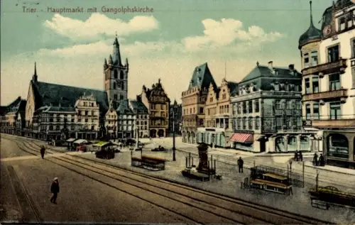 Ak Trier an der Mosel, Trier Hauptmarkt, Gangolphskirche,  Gebäude, Straßenbahnschienen