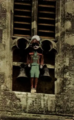 Ak Wimborne Dorset England, Figur des Quarter Jack, Glocken, Fenster, bunte Farben